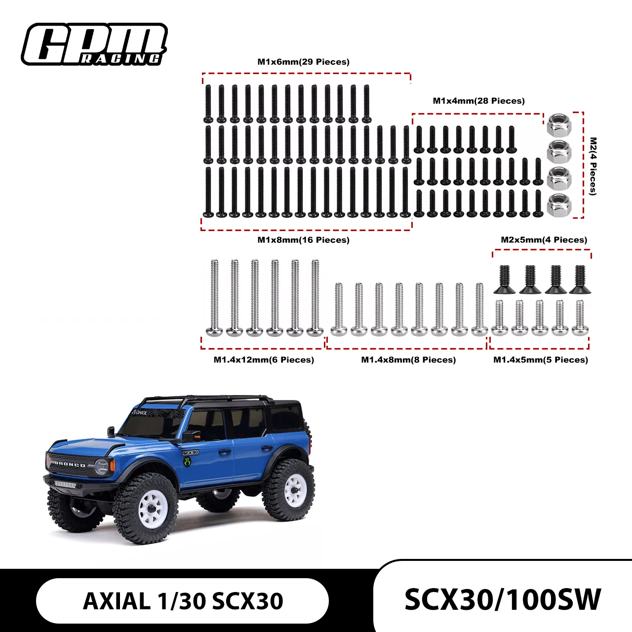 Juego de tornillos de acero Axial Scx30 (100 piezas) para AXIAL 1/30 SCX30 Ford Bronco 4X4 RTR