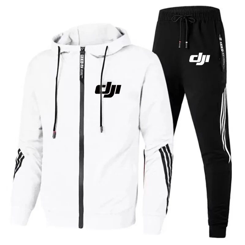 Dji المهنية الطيار المطبوعة الخريف الرجال اللياقة البدنية مجموعات قلنسوة بسحاب + السراويل 2 قطعة رياضية ملابس رياضية بذلة رياضية