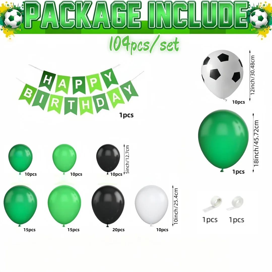 104Pcs Football Balloon Arch Set - Green, Black, and White Latex Balloons with a Happy Birthday Banner, Suitable for Sports