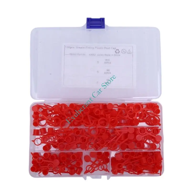 Grease Zerk Fitting Dust Cap Assortment, 150-Piece Tethered Plastic Covers with Retaining Rings and Clear Compartment Case for
