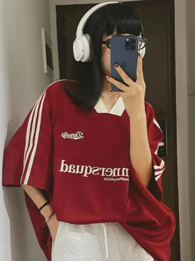 2024 여성용 오버사이즈 저지 티셔츠, 빈티지 반팔, V넥, 루즈 스포츠 상의, 힙합 스트리트웨어, 레터 티, Y2K, 여름 신상