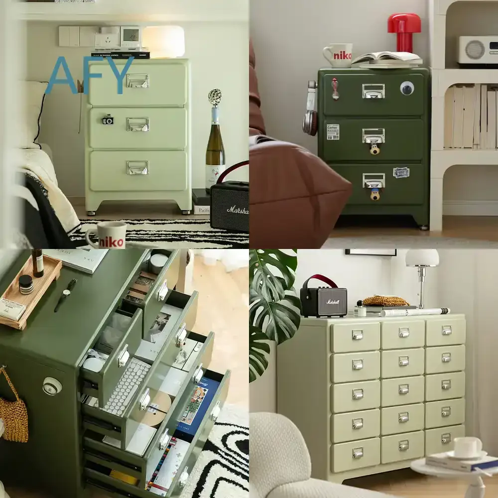Japanese Style 3 Drawer Cabinet for Bedroom Retro Bedside Table for Living Room Sofa Side Storage Cabinet Metal Drawer