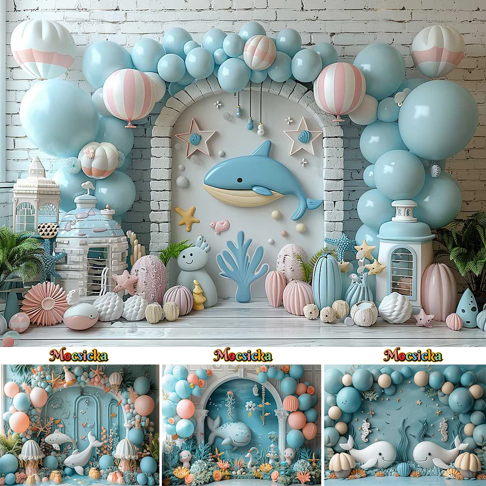 Mocsicka Underwater World Baby Show Background Whale Blue Balloon Wall Backdrop Newborn Boy Girl 1st Birthday Party Photozone