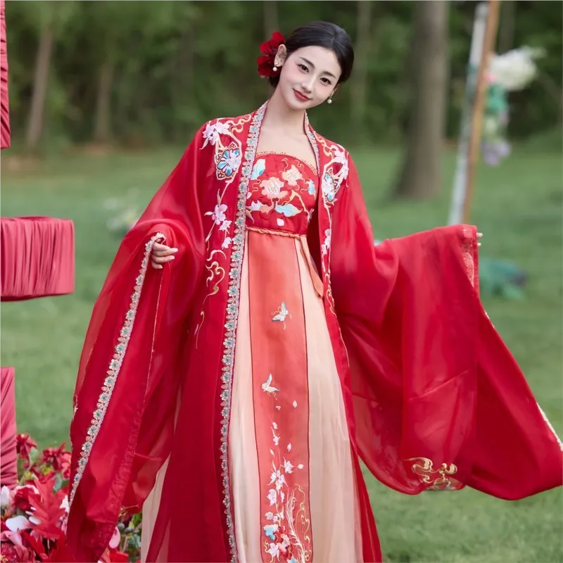 

Новый свадебный стиль Хан, вышитая юбка Hezi с большими рукавами, тяжелая промышленность, корона Феникса и красное платье, полный комплект