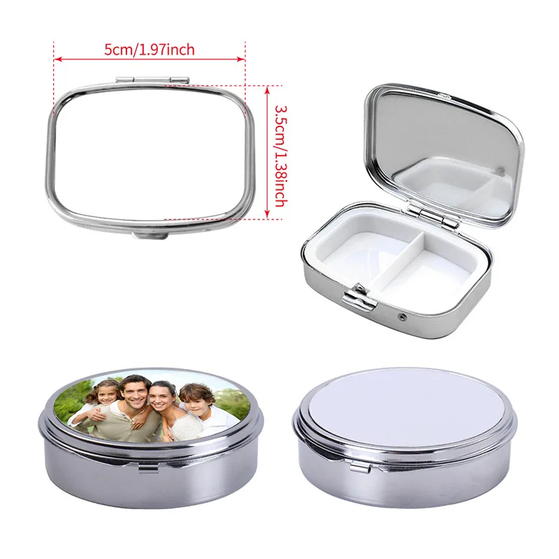 12pcs Heat transfer metal circular and rectangular medicine box sublimation blank DIY open-close jewelry box