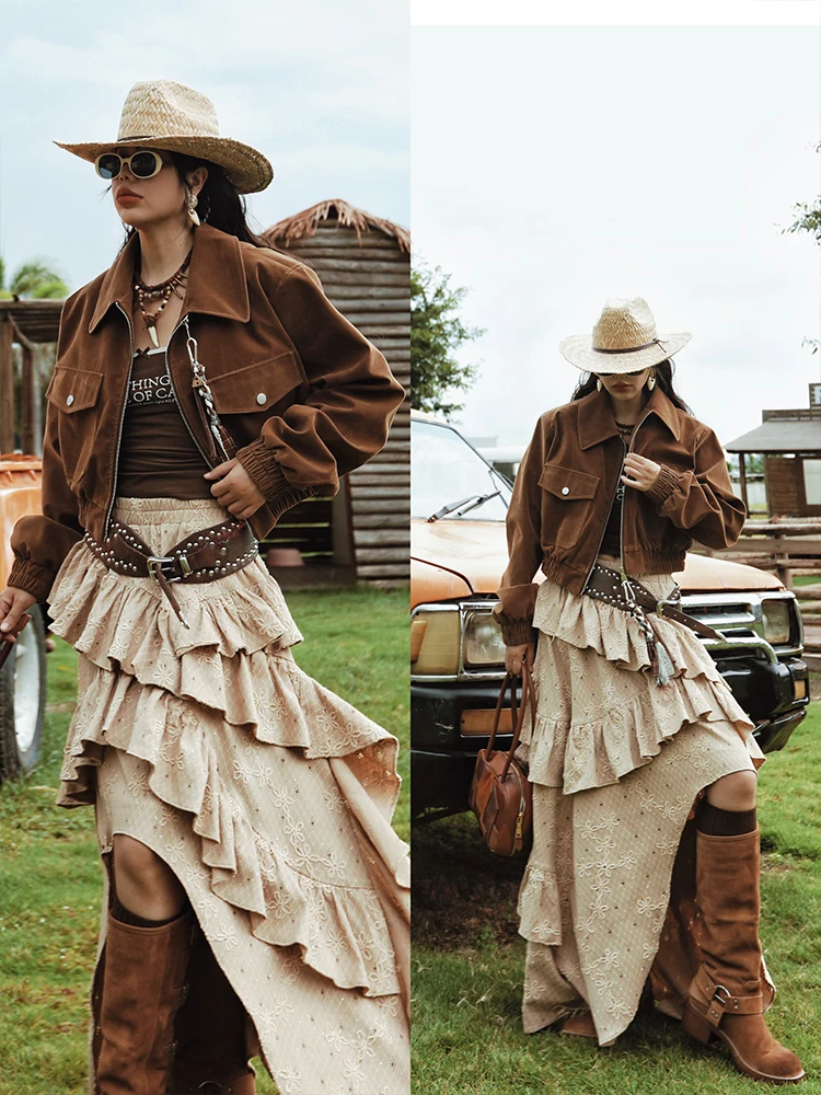 TIYIHAILEY-dames lange maxi onregelmatige rok elastische taille laag cake jacquard mode 2025, nieuwe dames hoog laag kaki herfst
