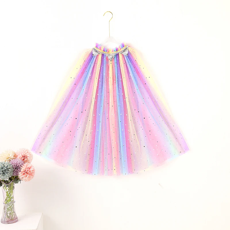 

Cosplay Halloween Costume Kids Clothes Girls Rainbow Sequin Princess Shawl Colorful Tulle Cape Cloak Child Fancy Dress Up Mantle
