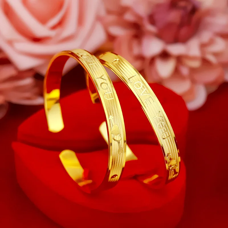 Pulsera de Color dorado de 14K para mujer, brazalete de pareja, Día de San Valentín chino, diseño CNC Carven, letra Simple Lo