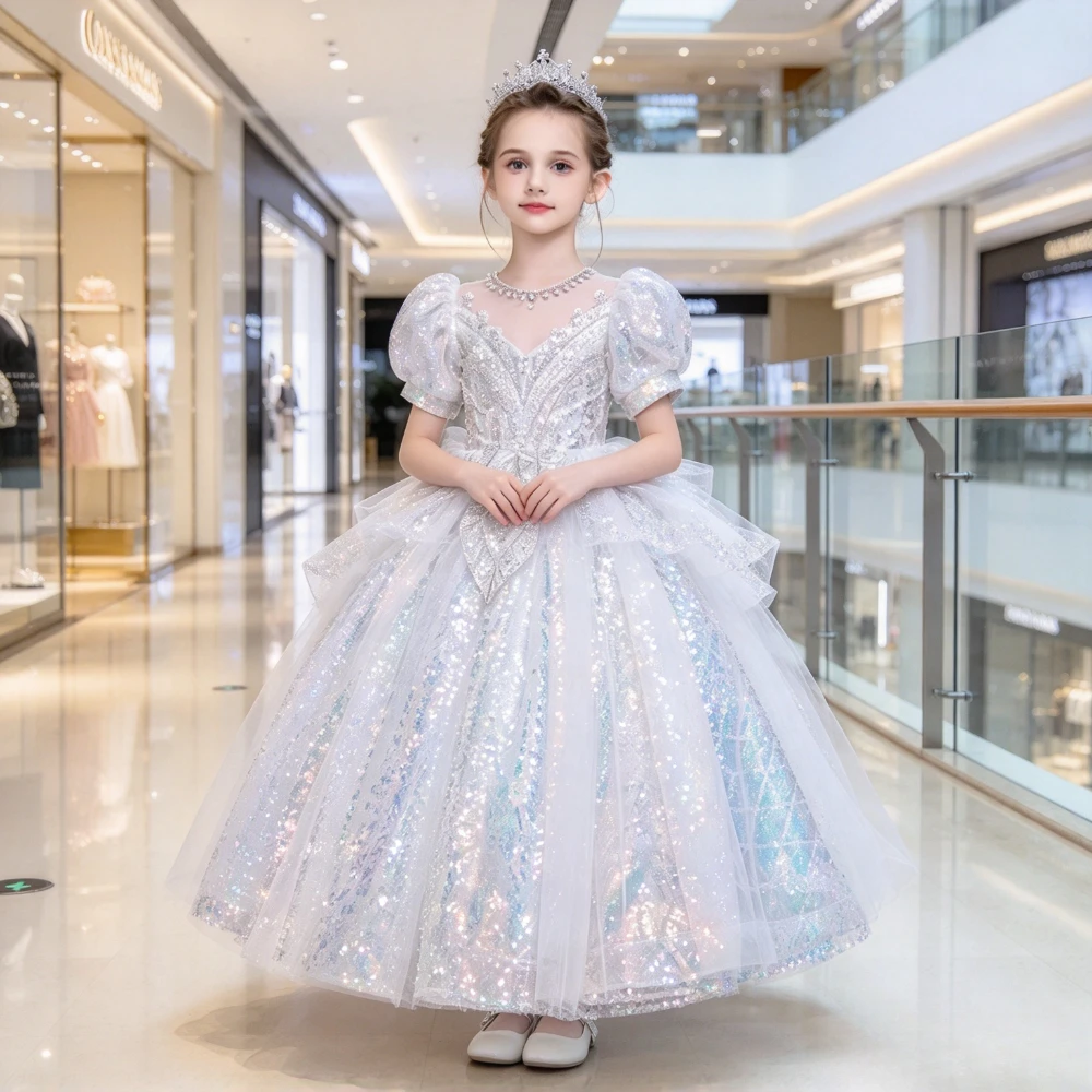 2026 Long Evening Dress Performance Outfit Kids Formal Costume Wedding Flower Girl Elegant Princess Gown Pageant Host Children