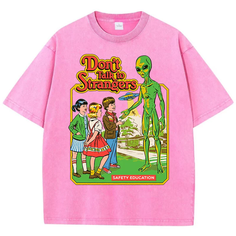 Cartoon Alien Classic Communication Print Women T-shirt Breathable Cotton Short Sleeve Washed Vintage Worn Out Female T Shirts