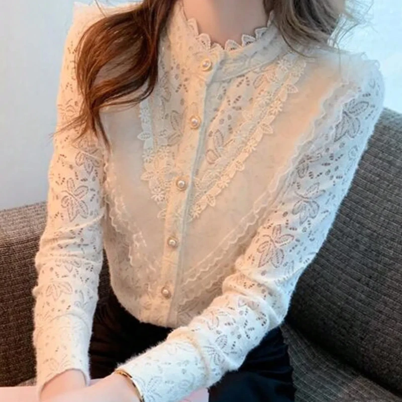 Spring and Autumn Semi-turtleneck Button Lace Splicing Women's Long Sleeve Shirt Elegant Casual Fashion Slim Office Black Blouse 5