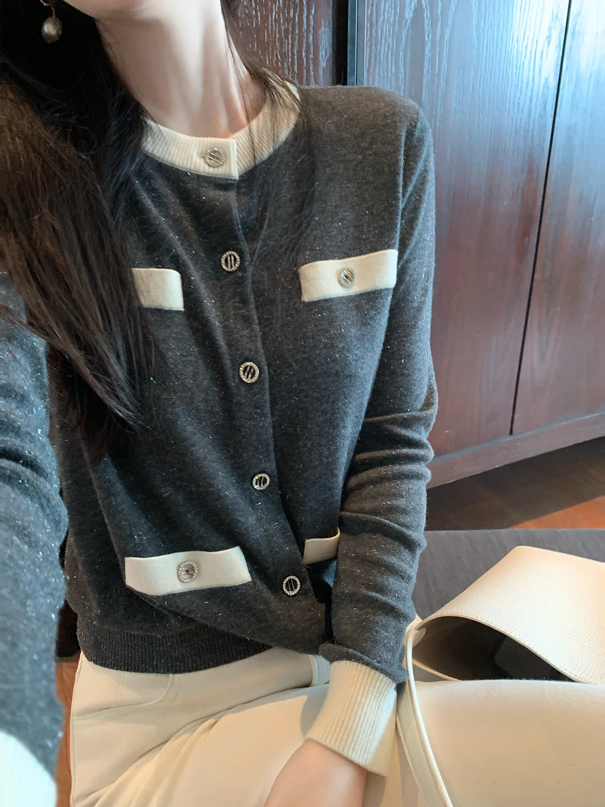 

DAJOS Red Label Special Yarn Double Knit Woolen Cardigan Women's Casual Sle Long Sve round Ne Knitted Sweater