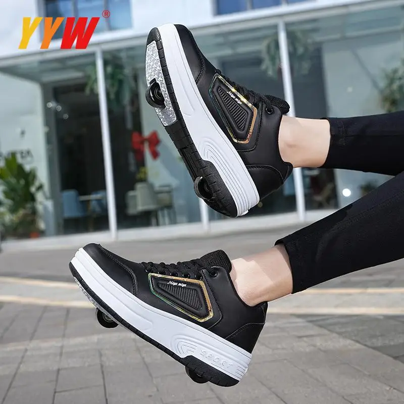 Kids Adult Roller Skates Shoes With 2 Wheels Automatic Invisible Skating Sneaker Black White Breatheable Outdoor Flying Shoes