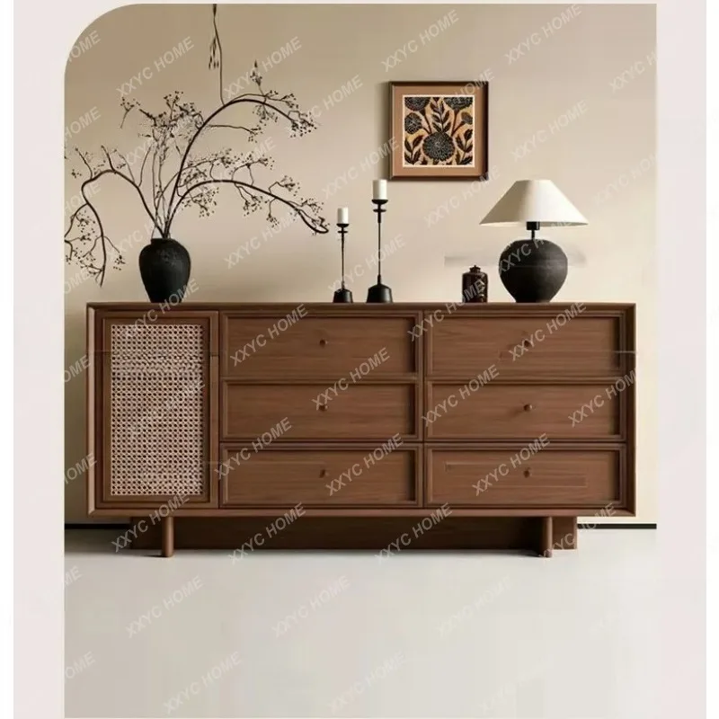 XX vintage walnut color woven rattan design sideboard with wall-side cabinet in the master bedroom
