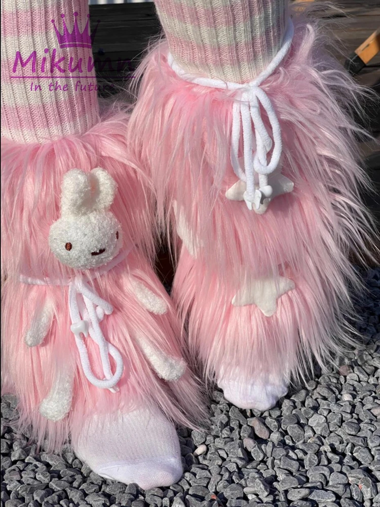 Mikumn Harajuku Y2k Cute Cartoon Rabbit Furry Leg Warmer Socks Women Girls Winter Warm Plush Star Kawaii Leg Cover Streetwear