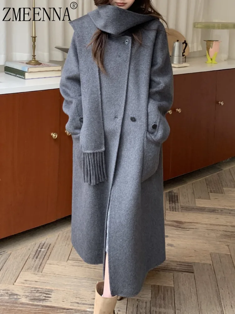 

ZMEENNA женское длинное шерстяное пальто большого размера с капюшоном, верхняя одежда со съемным вязаным шарфом и воротником, свободный крой, теплая зима ZM4462