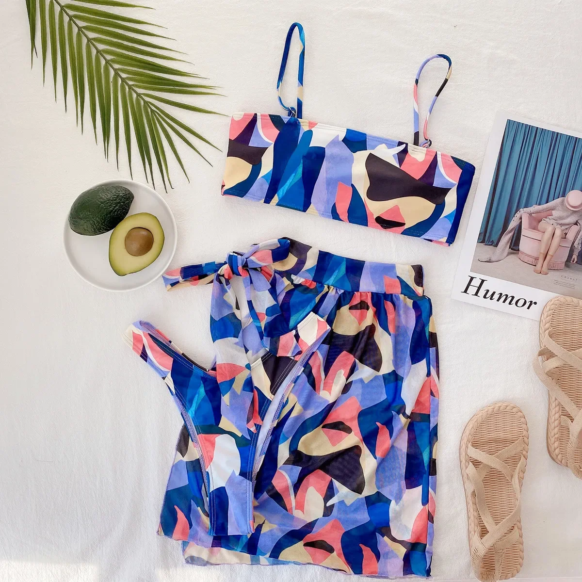 2026 Sexy Bikini Set 3-piece Swimwear Swimsuit Women Vintage Colorful Print Bikinis Set Bathing Suit Beach Dress Bikini Cover Up