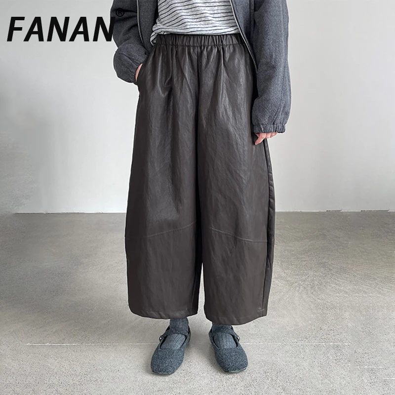 

FANAN модные кожаные брюки для женщин, эластичные прямые широкие брюки с высокой талией, офисная женская теплая одежда, женская зимняя новинка