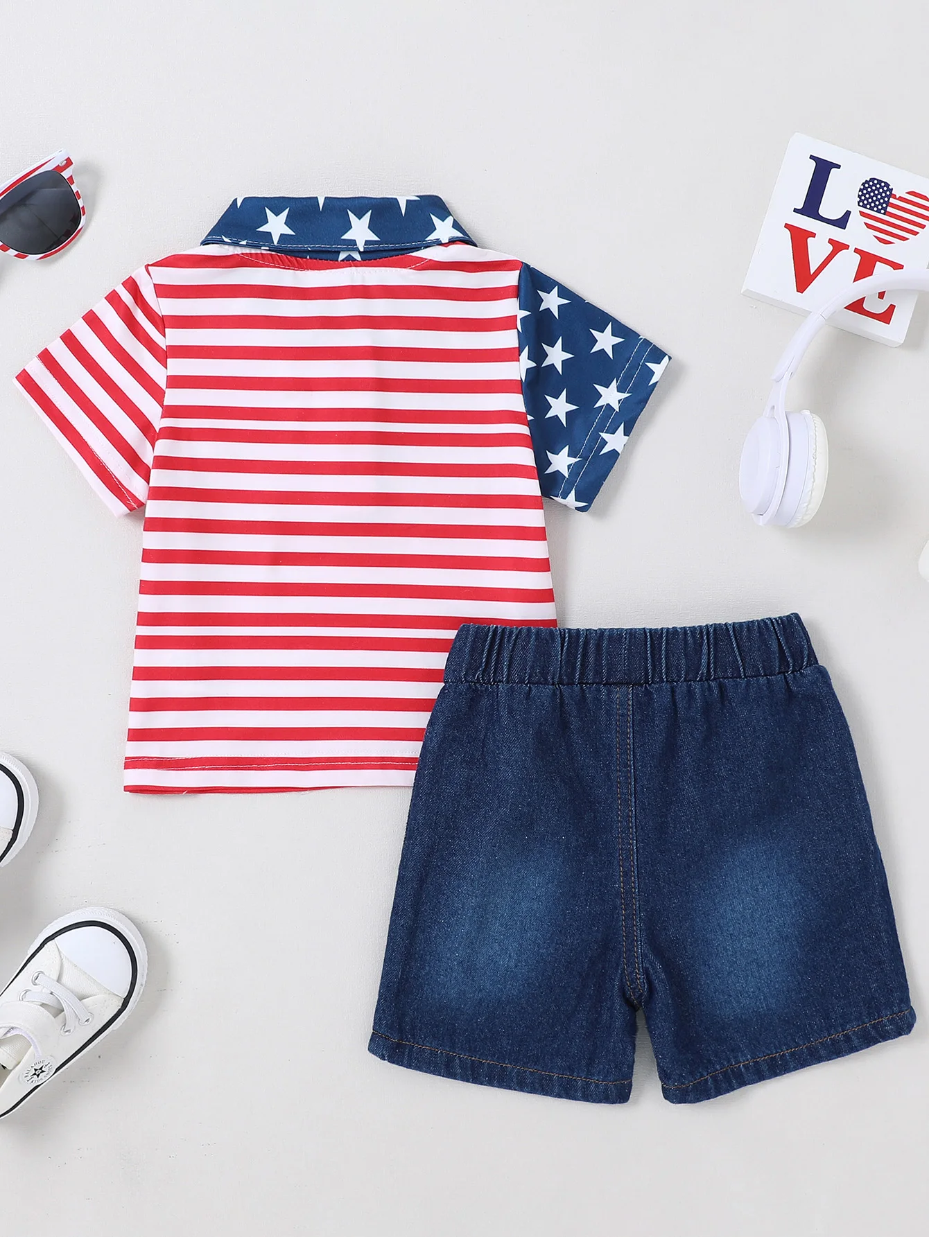 Toddler Baby Boy Clothes  Summer Boys Outfits Short Sleeve Pentagram Striped Flag Elements Polo Shirt , Denim Jean Set