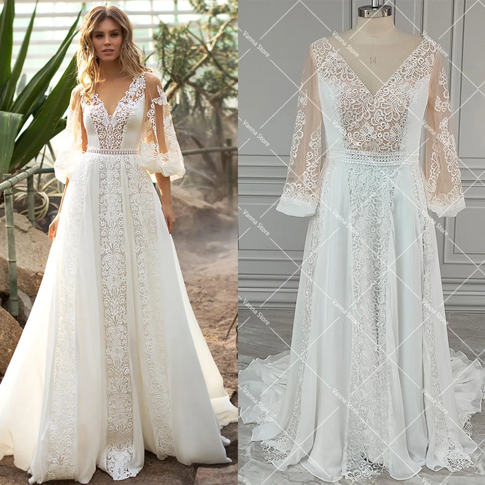 Vestido de encaje recortado, traje nupcial de playa medio obispo, mangas esponjosas con cuello en V, línea A personalizada, botones de tul transparente, para fiesta de boda