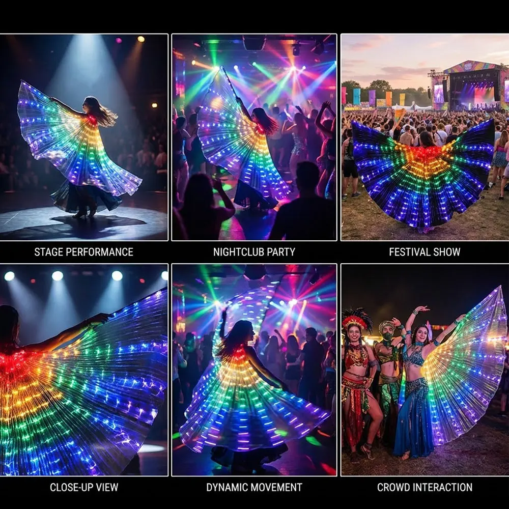 

Светящиеся радужные крылья-накидка с LED-подсветкой для танцев живота, школьных выступлений и вечеринок (батарейки в комплект не входят)