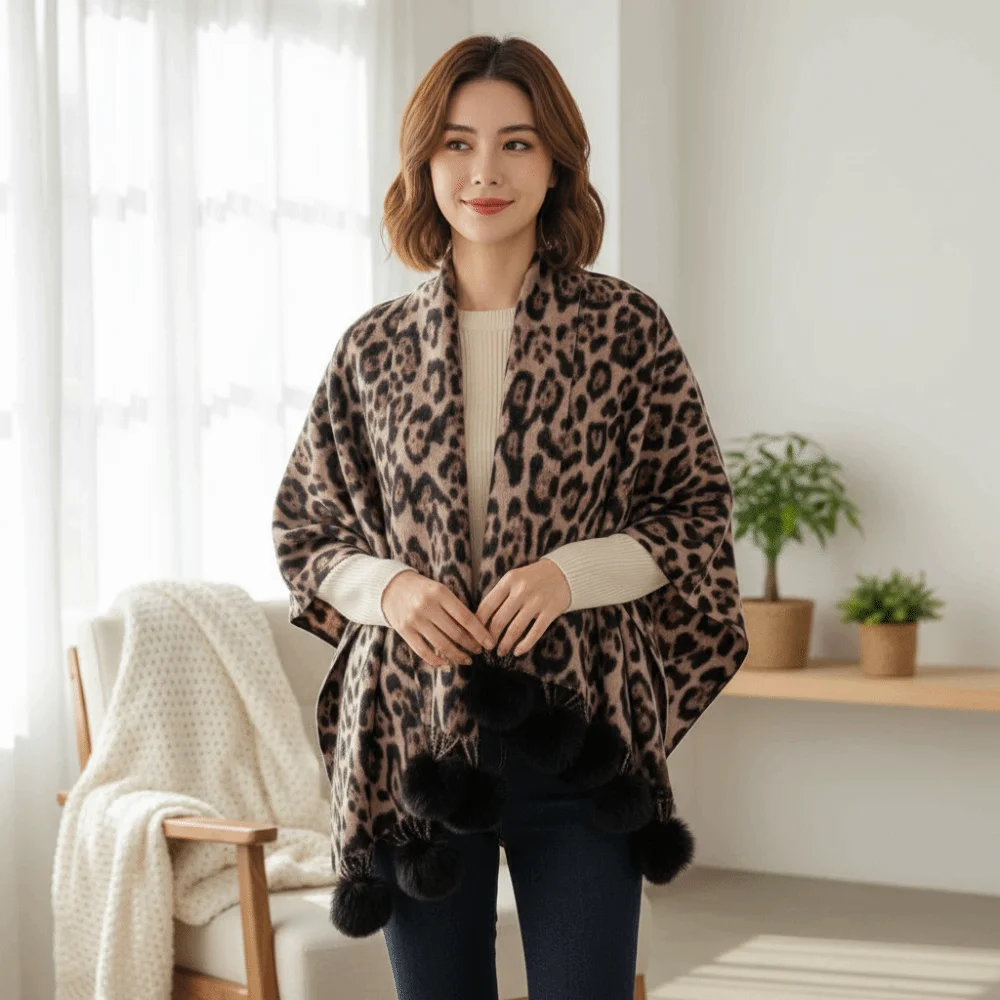 Pom Pom Pashmina Fleece Leopard Print Scarf Cozy Thick Winter Shawl Wrap Versatile Thermal Cashmere Feel Scarf Fashion Women