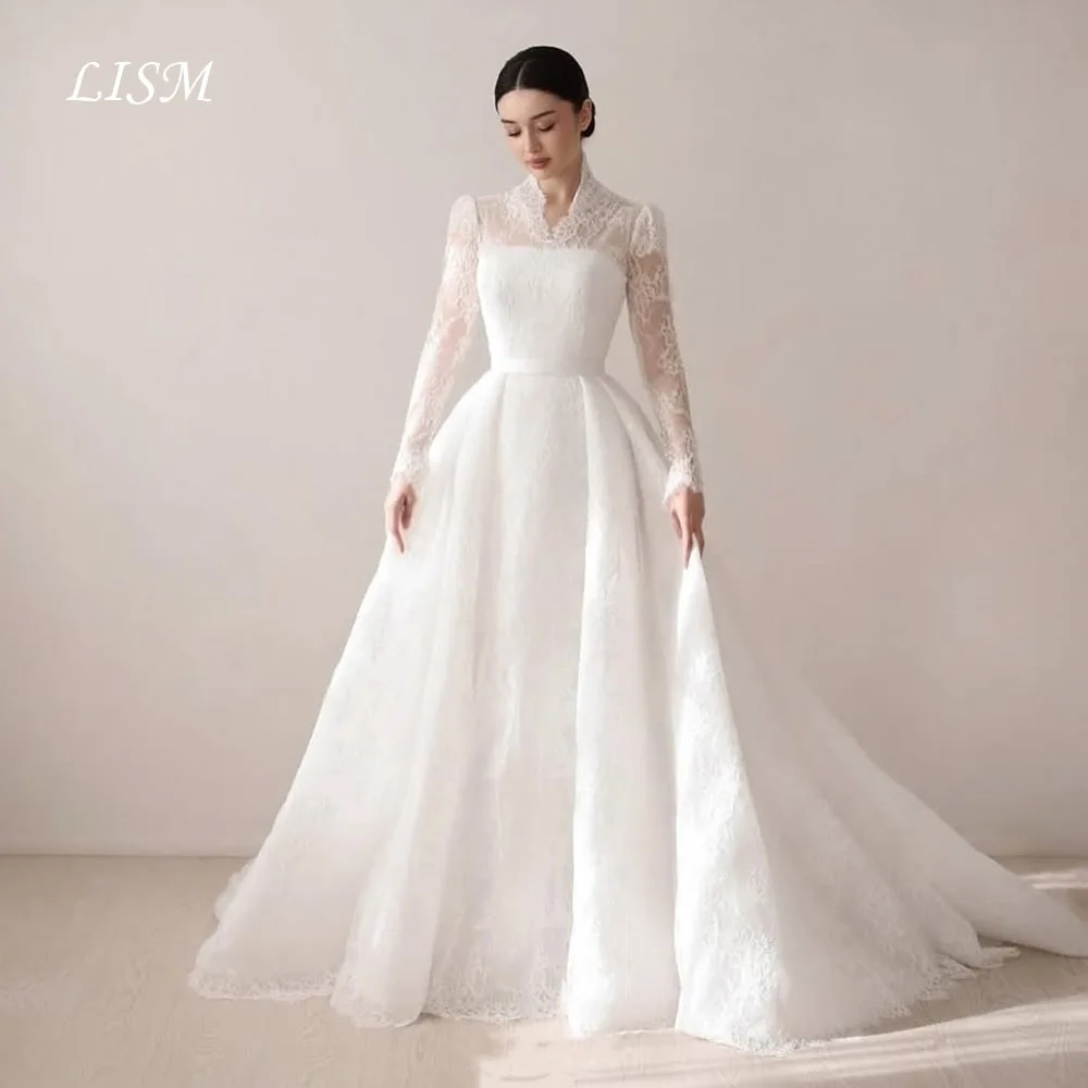 LISM entworfene Luxus-Brautkleider aus Spitze, volle Ärmel, lange, elegante Brautkleider mit Knöpfen hinten, maßgeschneidert