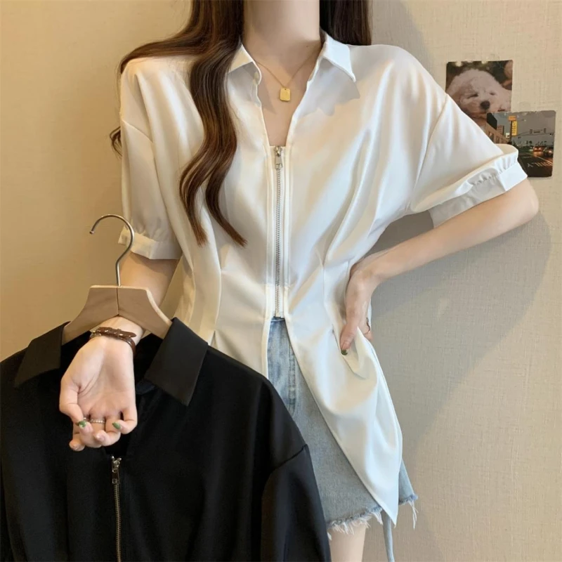 

Designer Inspired Women's Summer Zipper Short Sleeve Shirt Youthful Beautiful Figure Flattering Chic Top