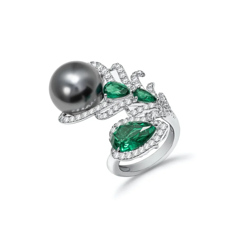 BELLUX 925 Silver Synthetic Pearl Black Grey Round Ring Leaf Shaped Feather Green Water Drop Emerald Open Ring