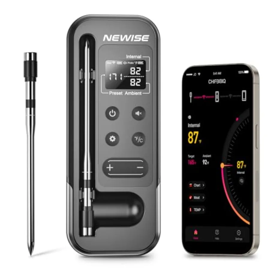 

Bluetooth-термометр для мяса с умным приложением, беспроводной связью на расстоянии 800 футов и ЖК-дисплеем, перезаряжаемый цифровой термометр-щуп для барбекю