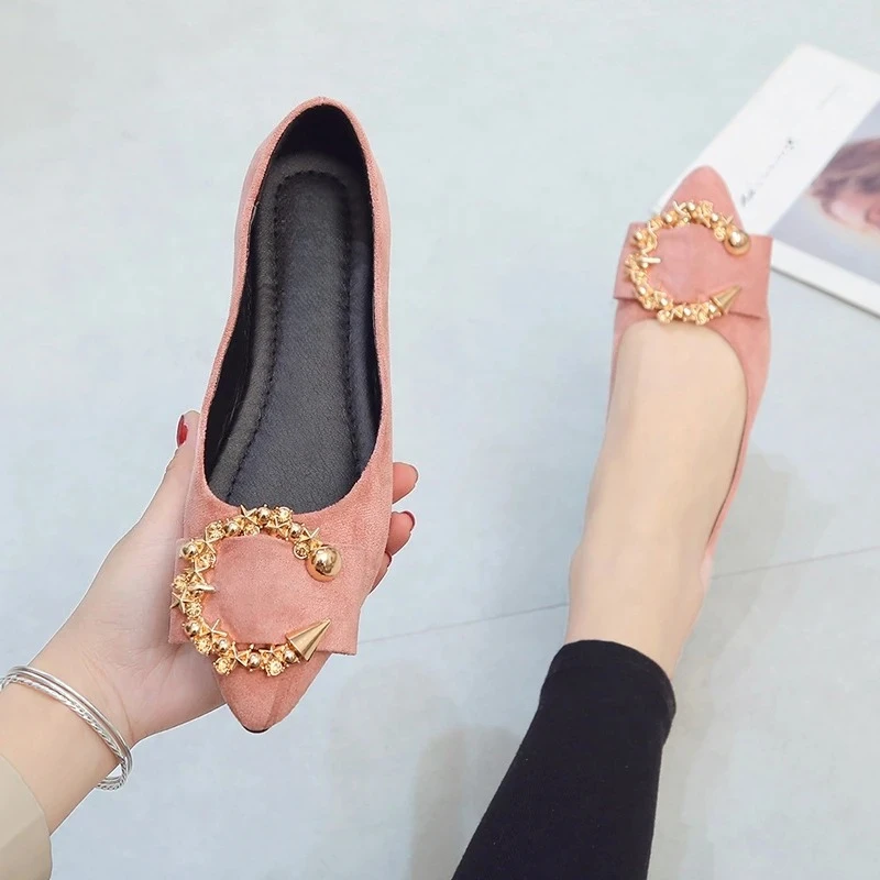 Casual Fashion Pointed Toe Flats Metal Surface Decor Comfortable Non-slip Wear-resistant  Women's Footwears Office dress shoes