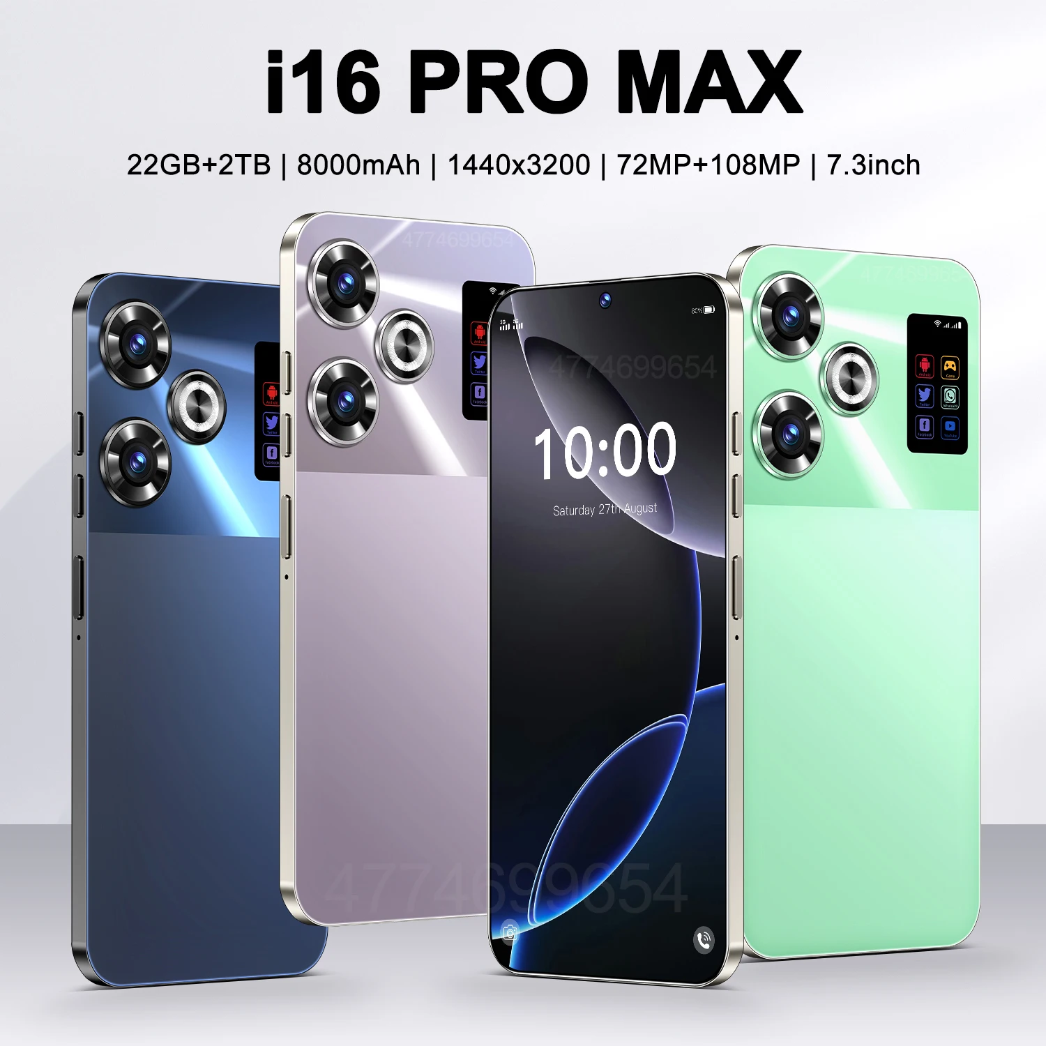 

Оригинальный смартфон i16 Pro Max, телефон с экраном 7,3 дюйма, Snapdragon 8gen3, 22G +, телефон с двумя SIM-картами, мобильные телефоны 8000 мАч, Android 14