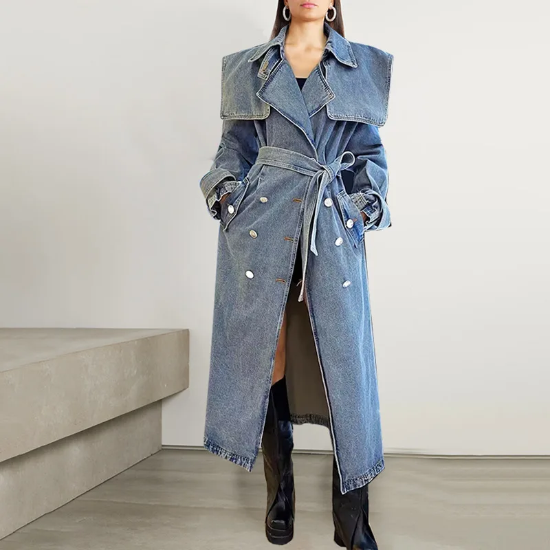 

SuperAen 2023 Autumn New Fashion Lace Up Waist Long Denim Coat Women's Fashion Turn Down Collar Windbreaker Coat