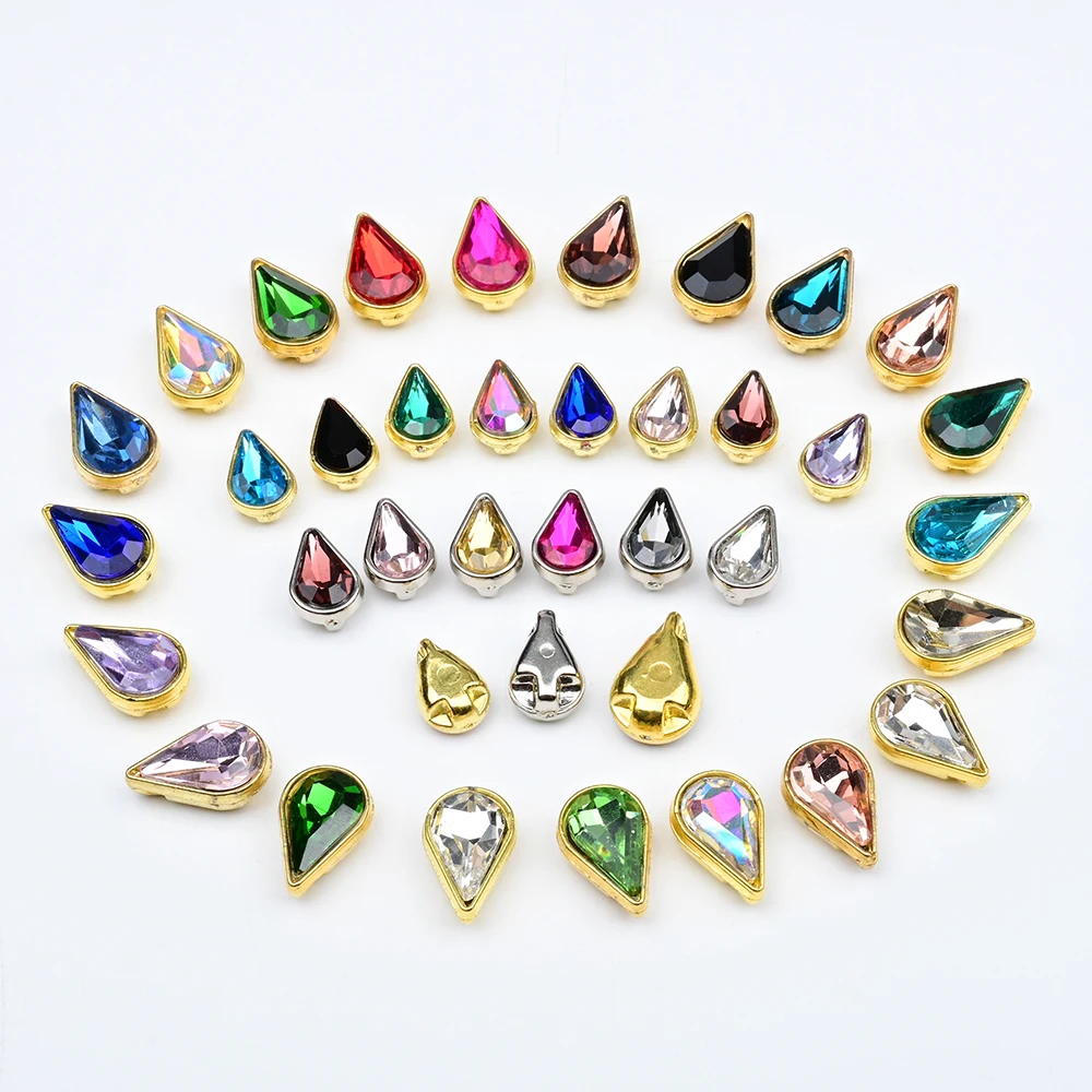 6*10mm & 8*13mm Teardrop Glass Sew On Rhinestones Sewing Flat Back Strass Stones for Clothes Wedding Dress Hair Clip Craft DIY