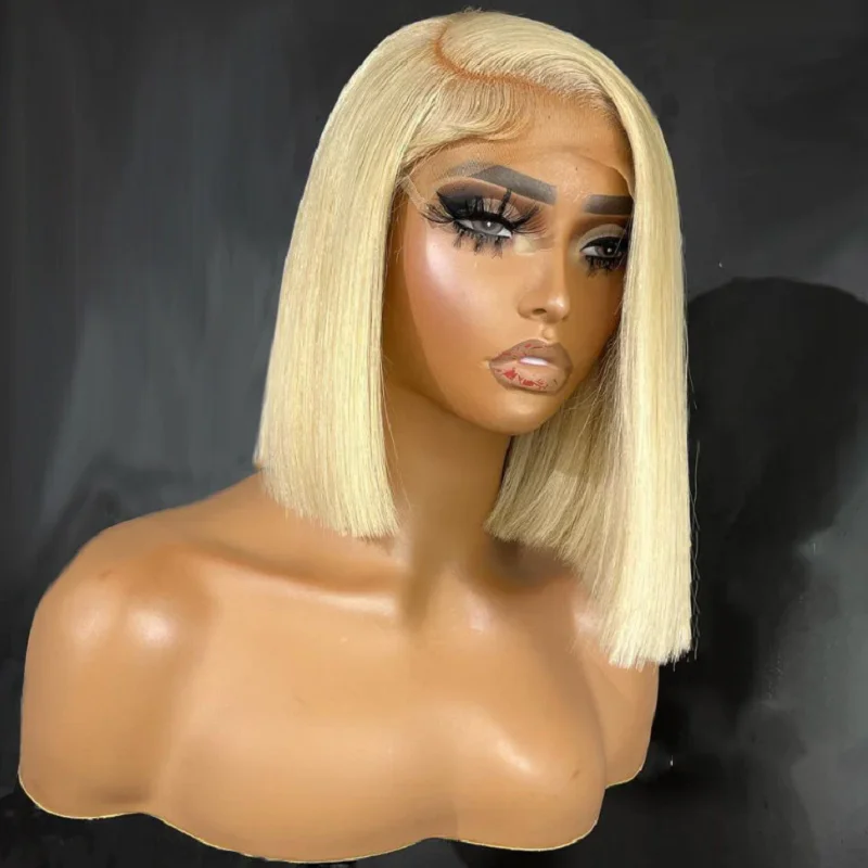 

613 Soft Preplucked Glueless Blonde Silky Straight Short Bob Lace Front Wigs For Black Women With Afro Baby Hair