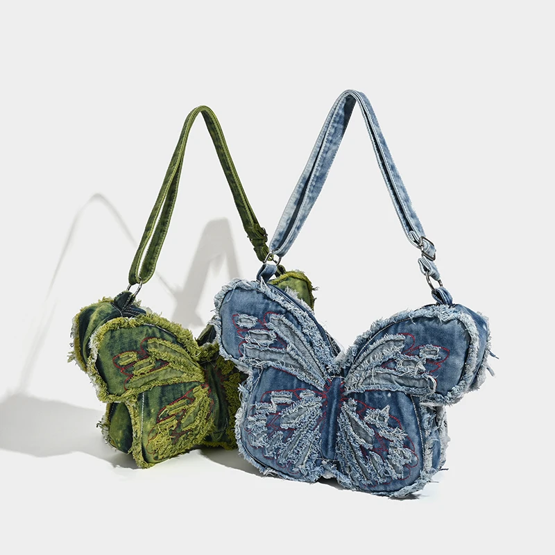 

Women Punk Style Large Capacity Embroidery Butterfly Backapck New Denim Design Shoulder Bag Casual Wing Bagpack Girl Rucksack