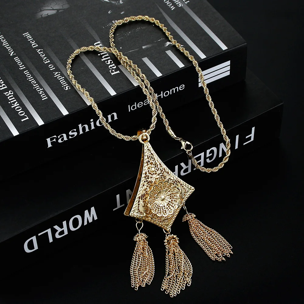 Sunspicems Chic Algeria Women Pendant Necklace Gold Color Metal Tassel Arab Bridal Jewelry Ethnic Design Traditional Accessories