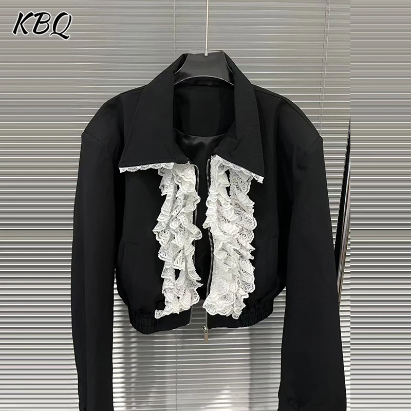 

KBQ Designer Spliced Lace Slimming Jackets For Women Lapel Long Sleeve Patchwork Zipper Elegant Coat Female Fashion Style New