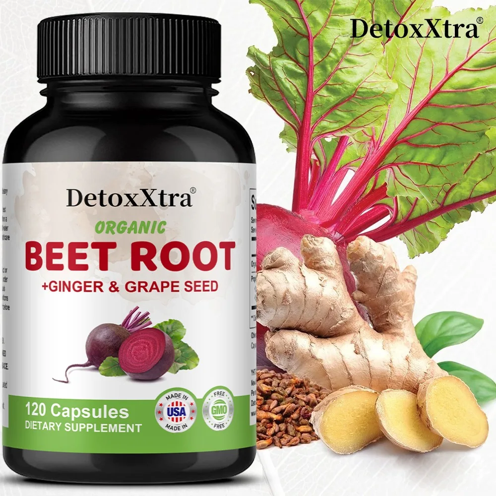 Beetroot Capsules with Ginger, Grape Seed Extract, 3-in-1 Formula, Vegan Non-GMO Capsules for Energy & Vitality, 120 Capsules