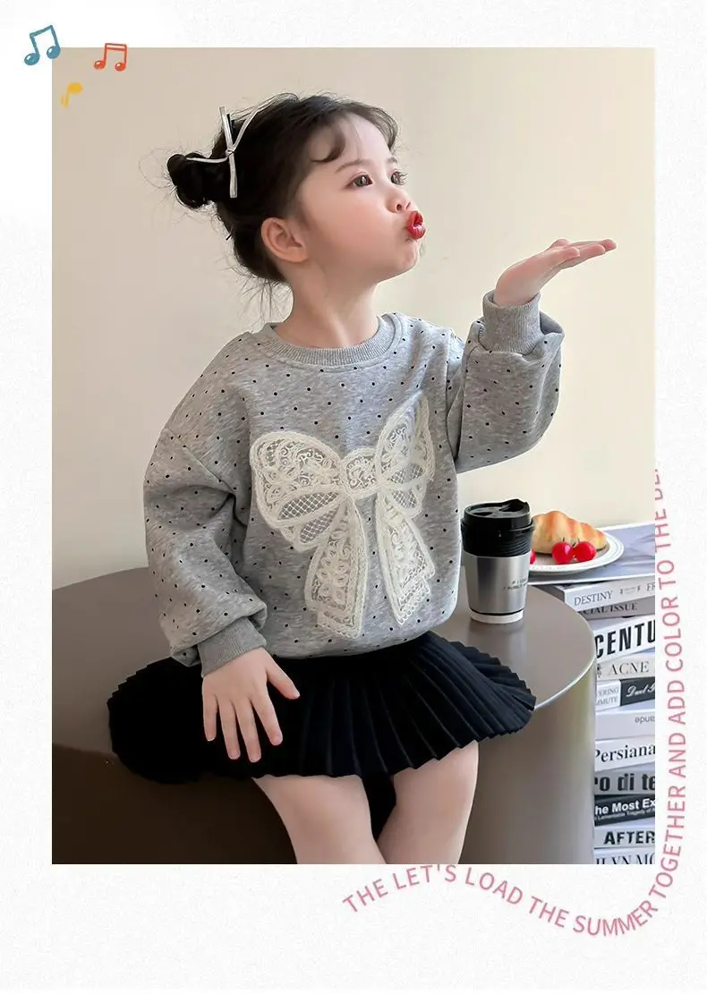 Kleinkind Mädchen Sweatshirt mit Großer Spitze und Schleife Lässiger Baumwoll-Pullover mit Punkten für Kleinkinder Rundhals Langarm Oberteil Kinderkleidung – Detail 12