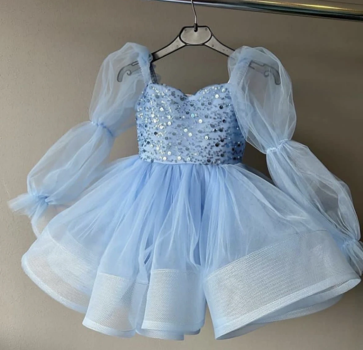 Fashion Baby Girl Princess Sequins Tutu Dress Long Puff Sleeve Child Mesh Vestido Wedding Party Birthday Xmas Baby Clothes 1-12Y