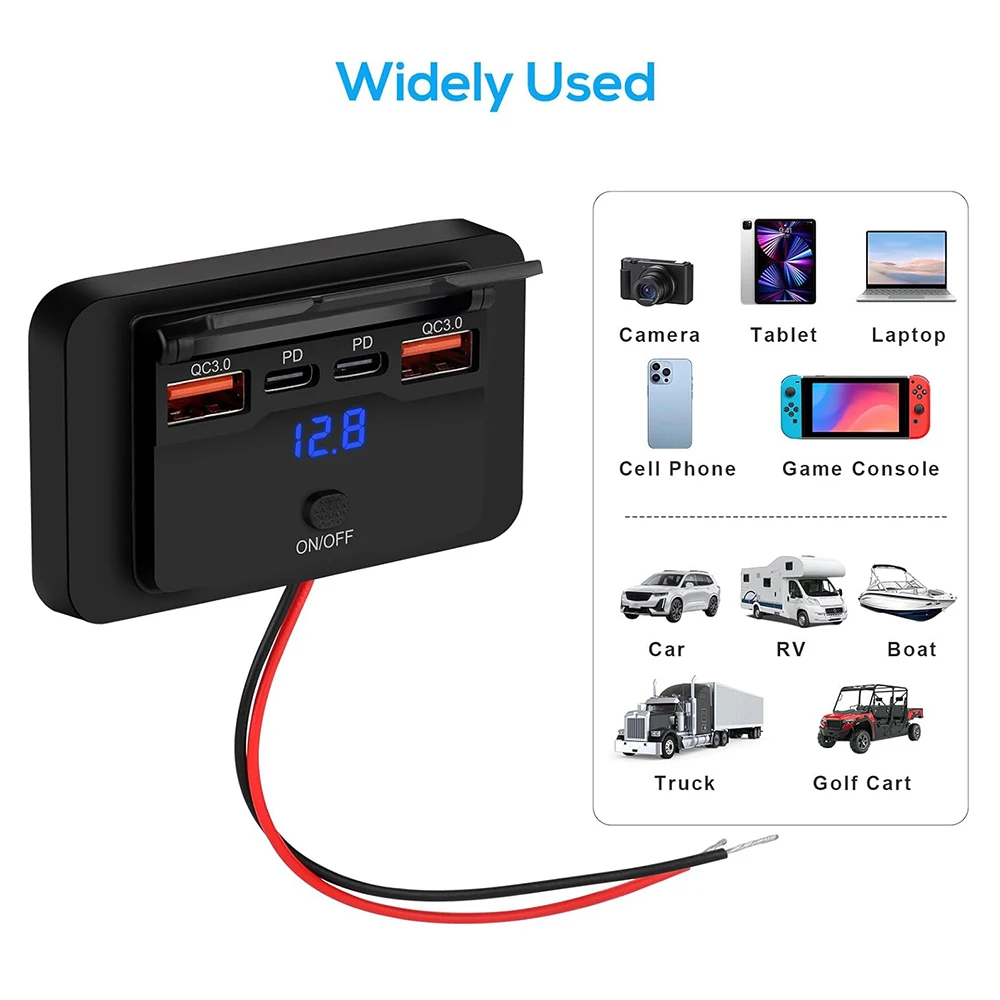 96W 12V USB Outlet Panel Wall Mount Dual 36W PD & Dual QC3.0 18W Car USB Fast Charger Socket for RV, Boat, Truck, ATV, Marine