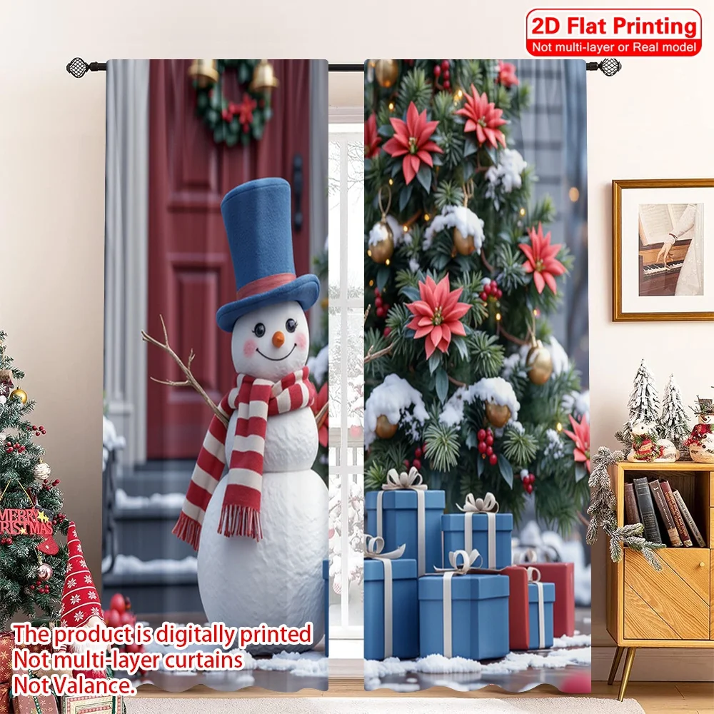 

2pcs 2D flat printing Merry Christmas Party Curtains Merry Christmas Snowman Winter Gifts Polyester Fabric Without Electricity