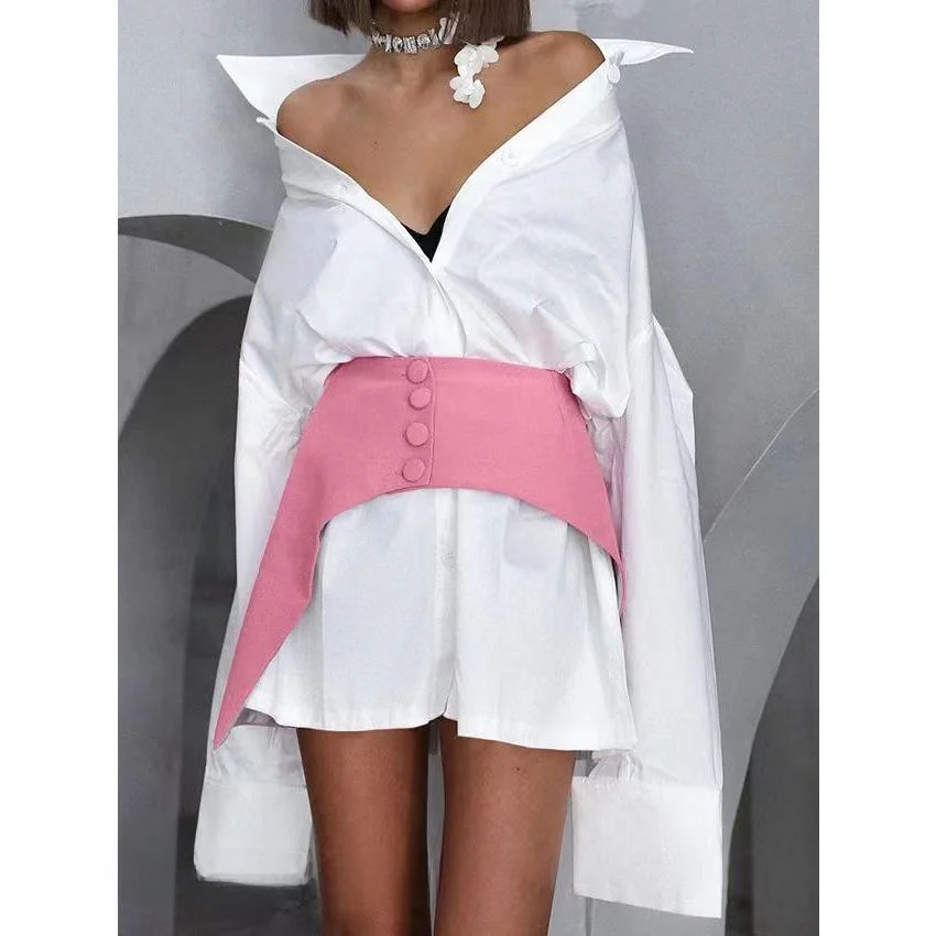 

New Design irt Waist Belt Two-Piece Set Women's Busin Casual Loose Fit Long Sve Mid-Length Pure Color Button up