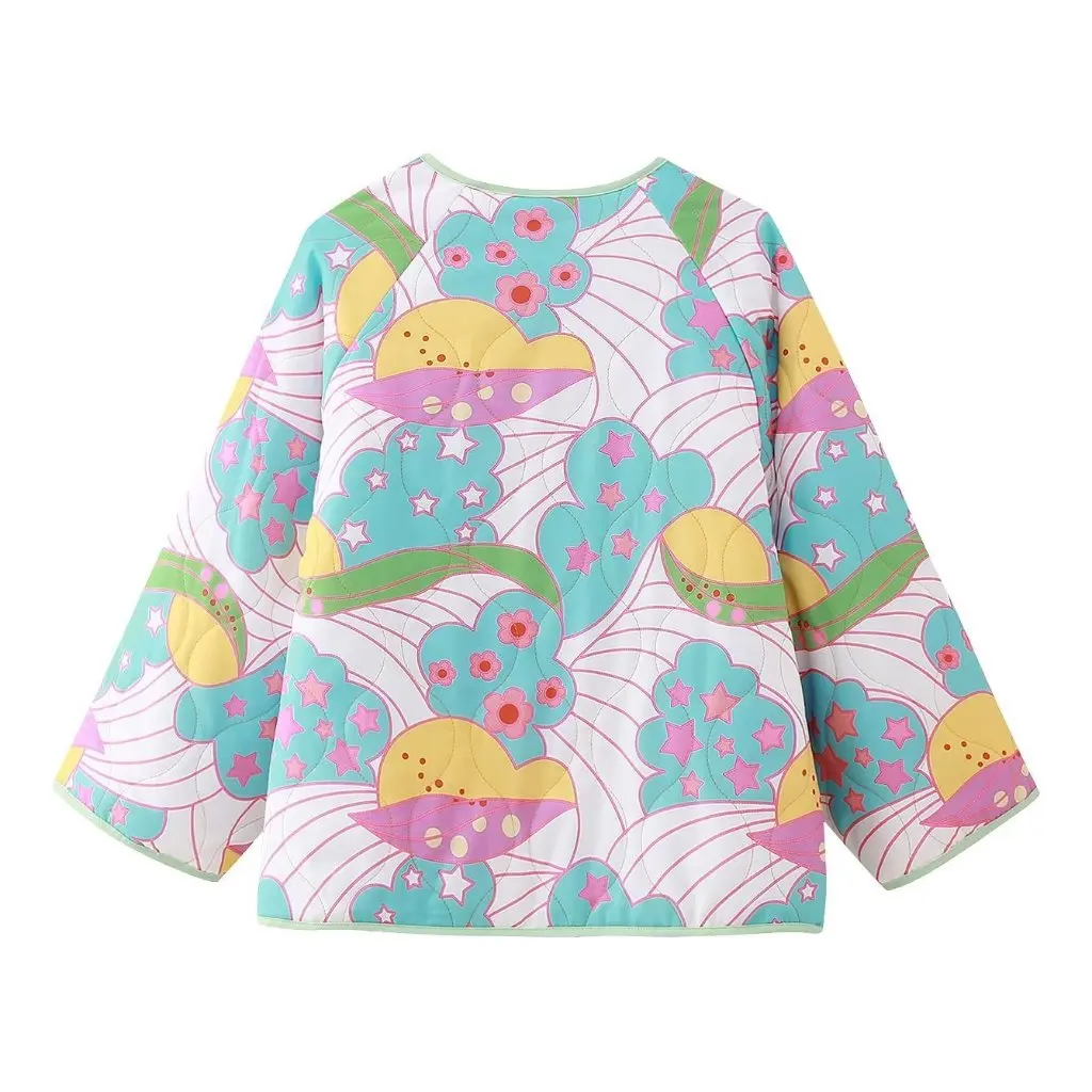 

European And American Style Women's Cotton-Padded Coat Autumn Winter Fashion Short Casual Warm Print Retro Contrast Color