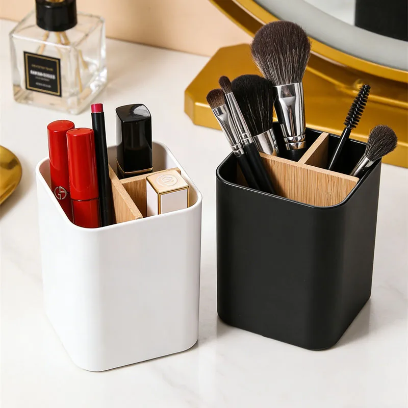 Plastic Makeup Brush Holder Organizer with Removable Bamboo Dividers 3 Slots Desktop Comestic Tools Lipstick Brushes Organizer
