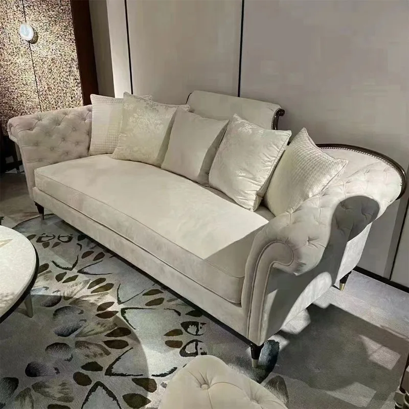 

American neoclassical Everly art pull button sofa light luxury solid wood fabric retro
