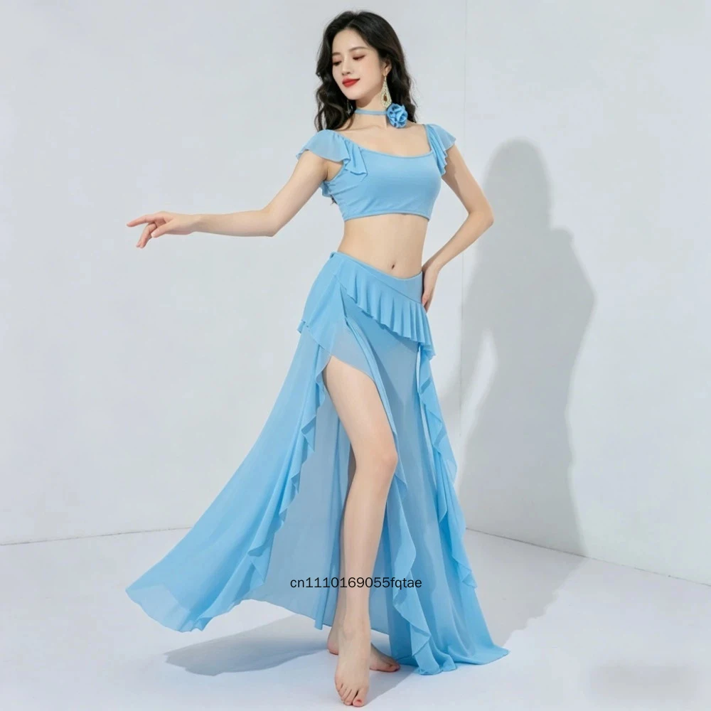 

Fairy Lotus Leaf Ribbon Belly Dance Costume Summer Mesh Practice Outfit Oriental Dance Slimming Performance Class Suit For Women