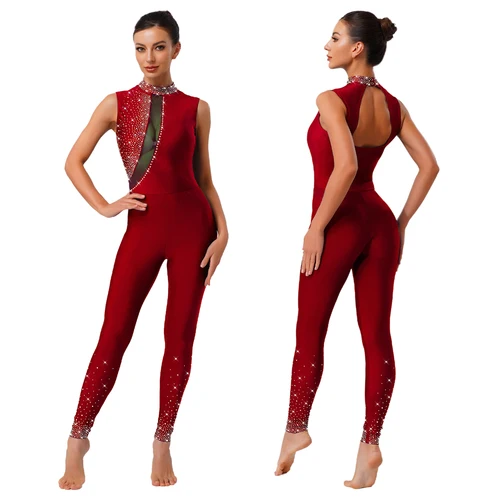 Imagen 2 del producto Leotardo de patinaje artístico para mujer, cuello simulado, malla transparente, Patchwork, sin mangas, recortado en la espalda, traje de baile, gimnasia, disfraz rítmico