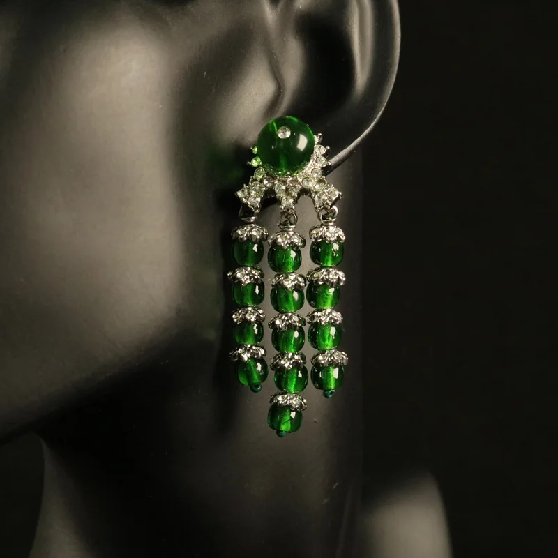 

Винтажные серьги-капли с зелеными кристаллами, элегантные висячие украшения со стразами, гламурные аксессуары в стиле ретро для женских вечеринок